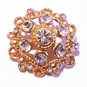 Vintage Ornate Gold Tone Clear Rhinestone Domed Circle Brooch